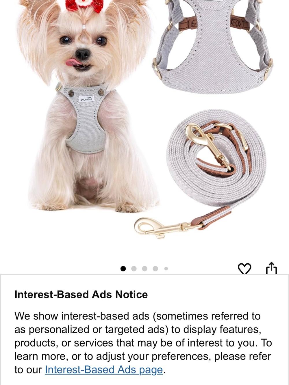 Puppia Light Gray Small Dog Harness and Matching Leash Set